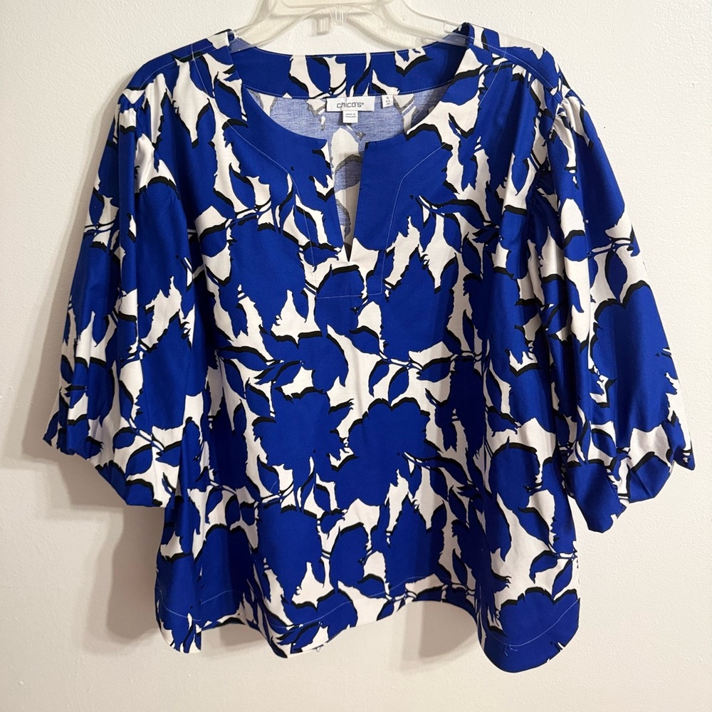 Chico's floral cotton blend 3/4  Balloon sleeve notch neck top Sz 20